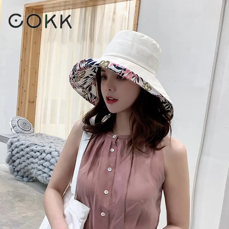 COKK Двусторонняя Цветочная Панама, Женская Корейская Складная Солнцезащитная шляпа с большими широкими полями, летние шляпы для женщин, женская панама, Пляжная Шляпа