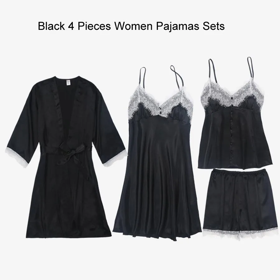 Black Pajama Set (2) Сексуальный халат и платье наборы для женщин атласная одежда для сна комплект из 5 предметов летний домашний вечерний комплект с платьем Slik кружевное ночное белье халат сексуальное ночное платье - Цвет: Black Pajama Set (2)