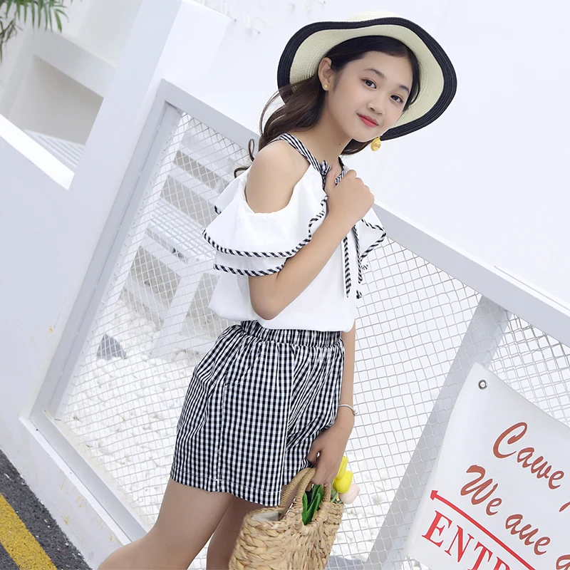 6 8 10 12 14 Year Girls Summer Set 2020 Off Shoulder Plaid Clothing Sets Two-Piece Backless Halter Top + Short Pant Suit | Мать и ребенок
