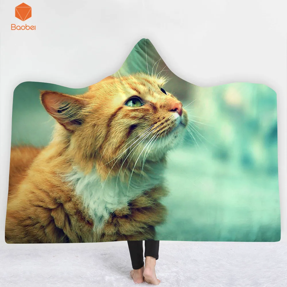 

3D Printed Cute Cat animal Thicking Hooded Blanket for Adult Gothic Sherpa Fleece Wearable Throw Blanket Microfiber Bedding