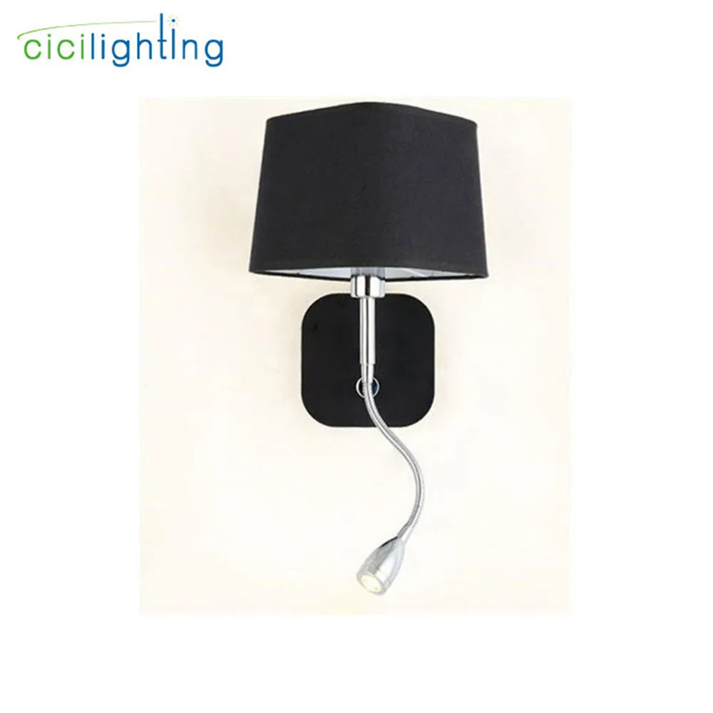 black lampshade Современный черно-белый льняной абажур настенный светильник ручка сегментного управления Светодиодный прикроватный светильник для чтения - Цвет абажура: black lampshade