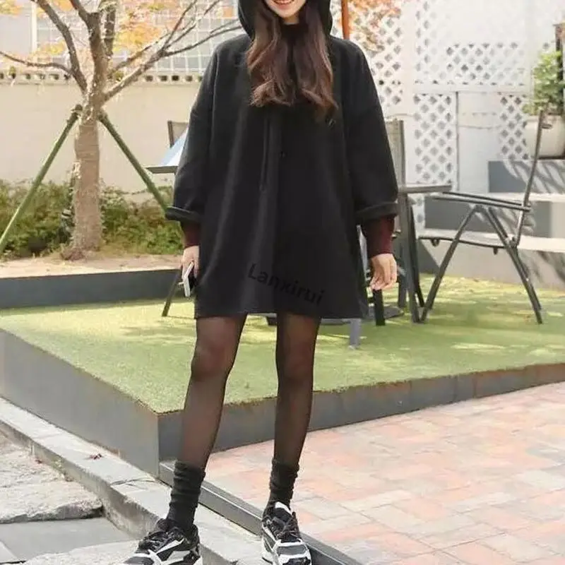 Fashion New Women Harajuku Style Loose Hoodies Females Long Solid Color Hooded Tops Womens Bf Korean Female Pullover Students - Цвет: black