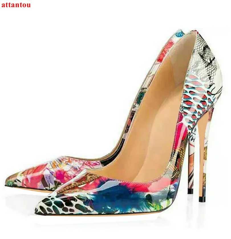 

Flower painting decor high heels woman dress shoes thin heel female pumps slip-on pointed toe party shoes stiletto heels