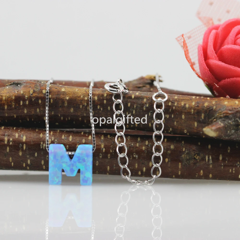 (1pc/lot)Free Shipping 10.8*10mm OP06 Fire Blue Synthetic letter M opal with 925 Silver box chain Fashion necklace | Украшения и