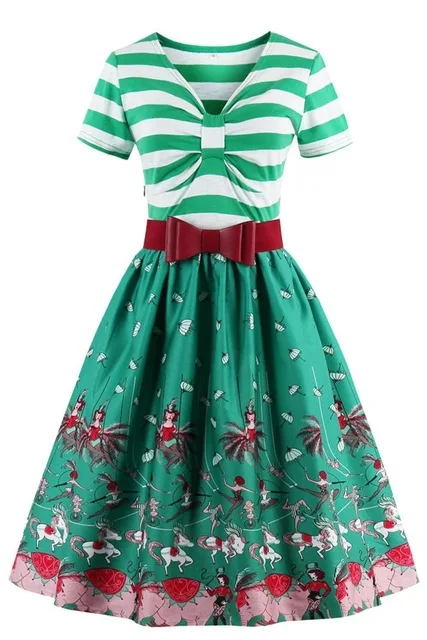 Green Женское ретро платье 50s 60s Винтаж рокабилли Свинг feminino vestidos размера плюс 3XL 4XL с коротким рукавом полосатое Платье с принтом - Цвет: Green