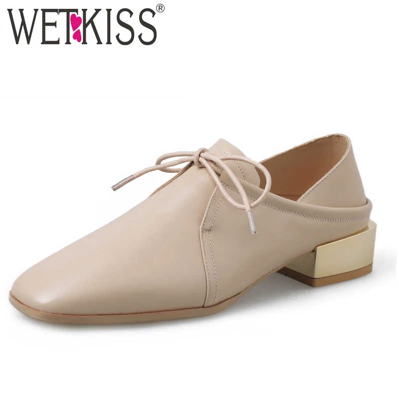 WETKISS/весенние туфли-лодочки из коровьей кожи, женская обувь с квадратным носком, обувь на шнуровке, женские модные повседневные туфли без задника на низком каблуке, женская обувь