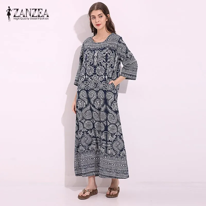 ZANZEA винтажное женское летнее платье с рукавом 3/4, свободные хлопковые льняные карманы с цветочным принтом, ретро прямое длинное платье макси размера плюс