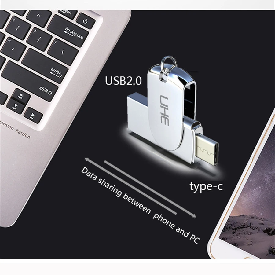 Uhe 2-в-1 Тип-C USB 2.0 Flash Drive Мини накопитель 16 ГБ 32 metail Memory Stick Тип c флешки и диск для