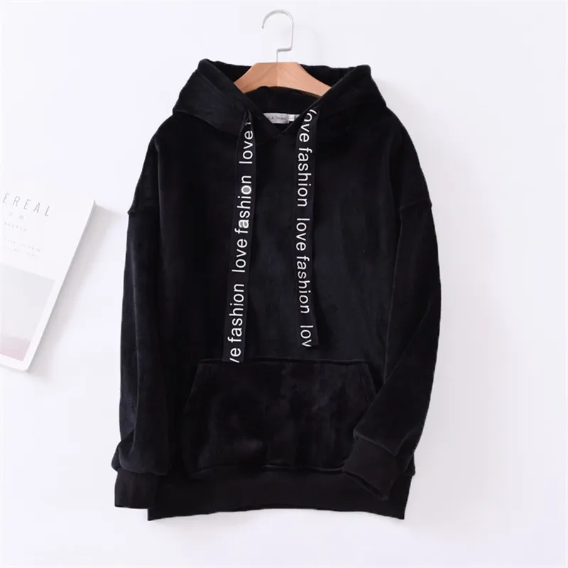 black Новинка, модные короткие золотые бархатные толстовки с капюшоном, женские свободные корейские BF куртки, флисовые топы, осенне-зимние пальто X55 - Цвет: black