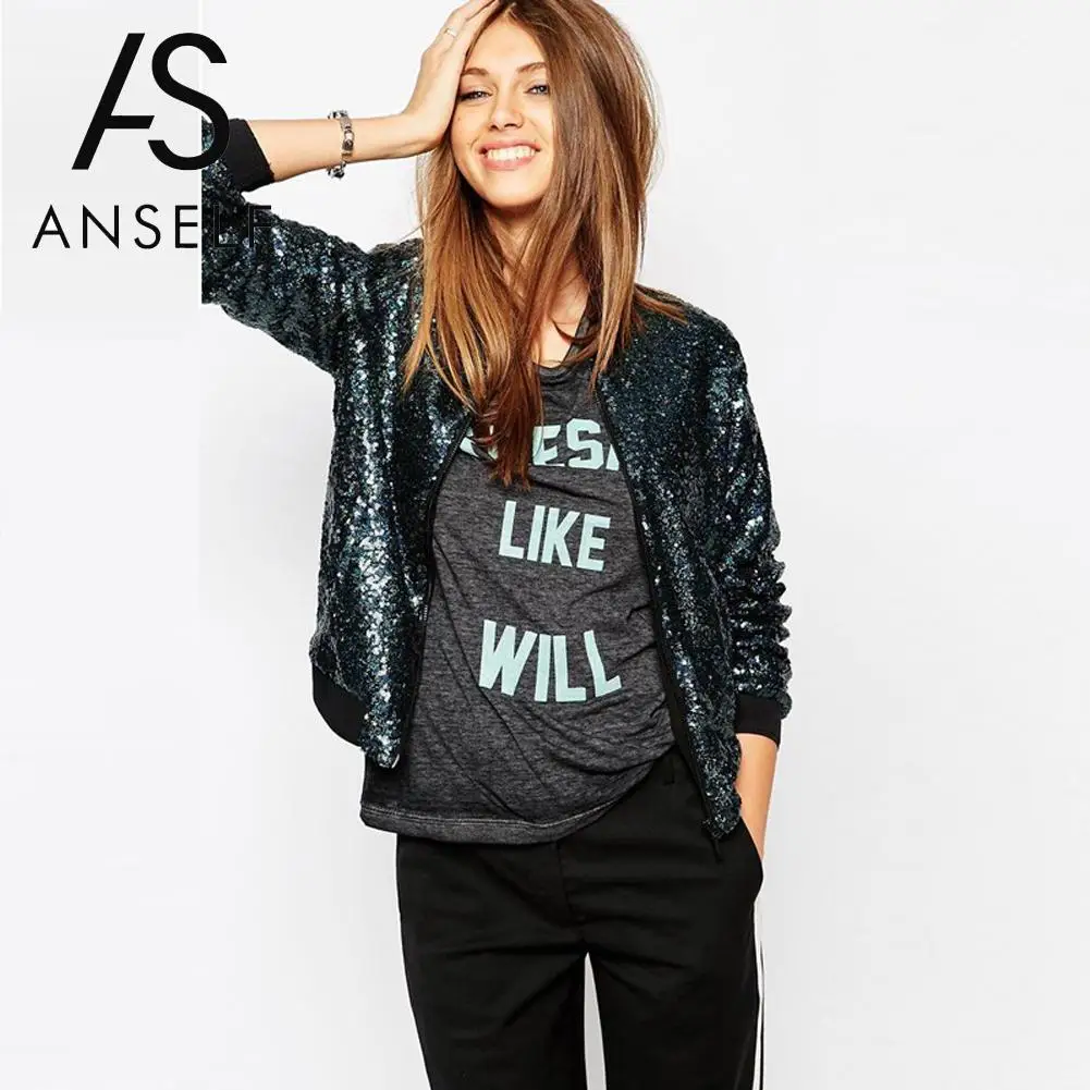 Женская ветровка Anself базовое пальто с блестками роскошная куртка-бомбер длинным