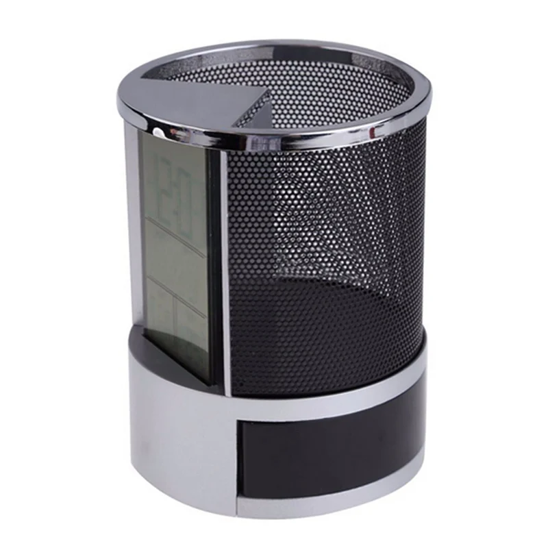 Multifunction Pen Pencil Holder Digital Calendar Alarm Clock Time Temp Function Metal Mesh For Home Desk Office Supplies WXV Sal