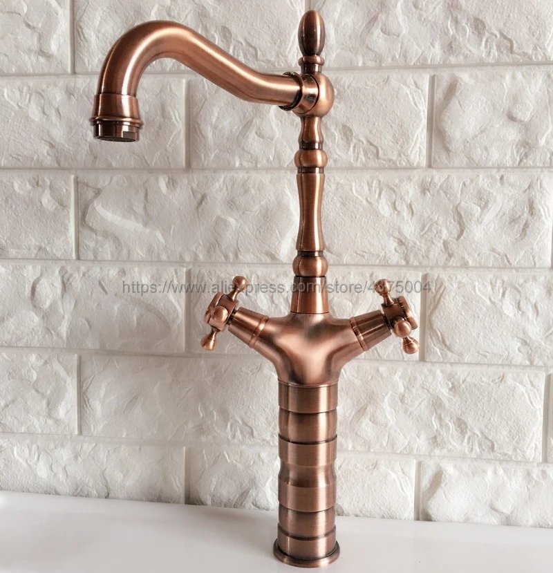 Античный смеситель для раковины в ванной комнате из красной меди с двойной