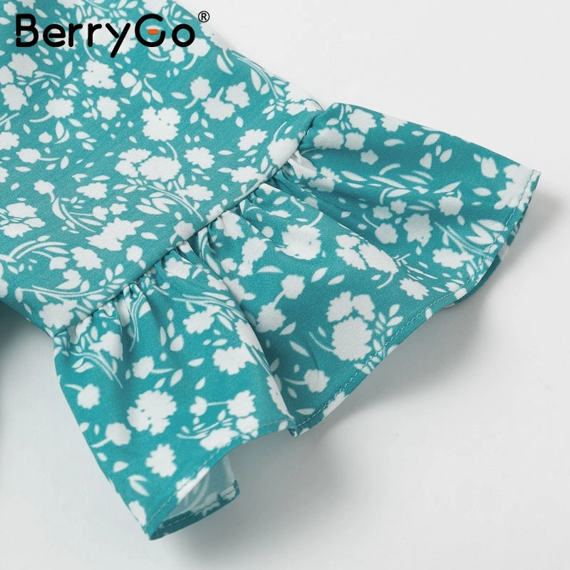 BerryGo Boho Летнее платье с цветочным принтом для женщин v-образным вырезом голубое