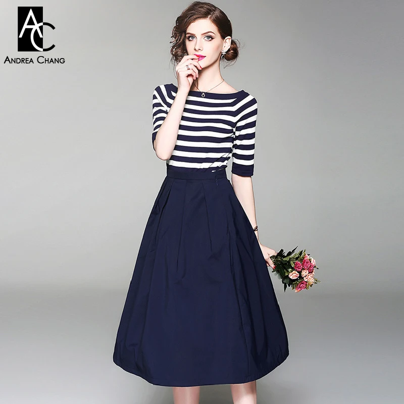 Женский комплект одежды темно синий белый в полоску с коротким рукавом + длиной