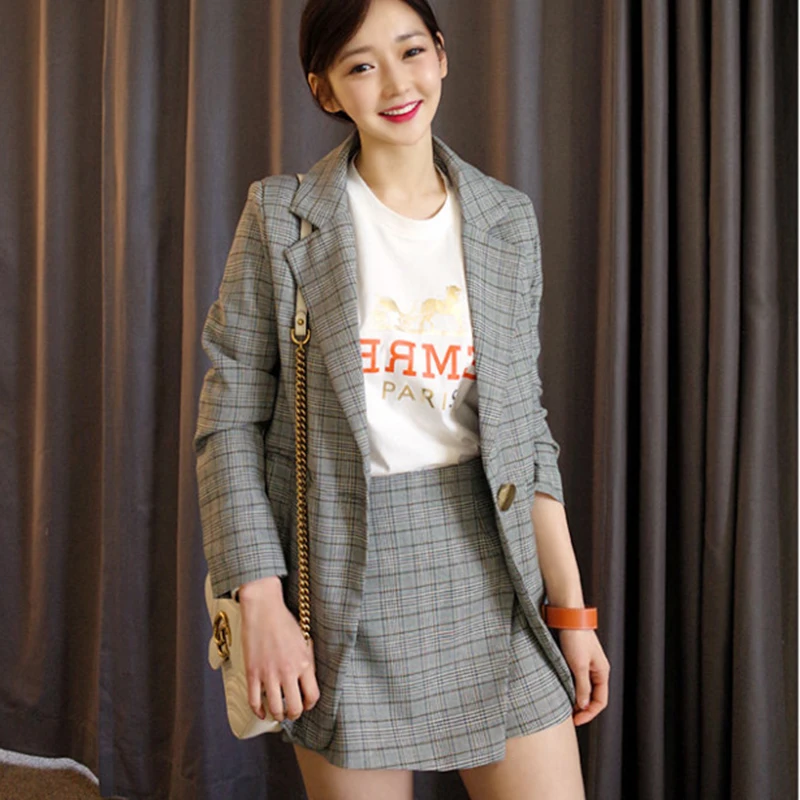 

Women Skirt Suits Loose Business career Leisure Suits lattice Blazer Jacket +Short skirts 2 Piece Sets Office Lady Suit