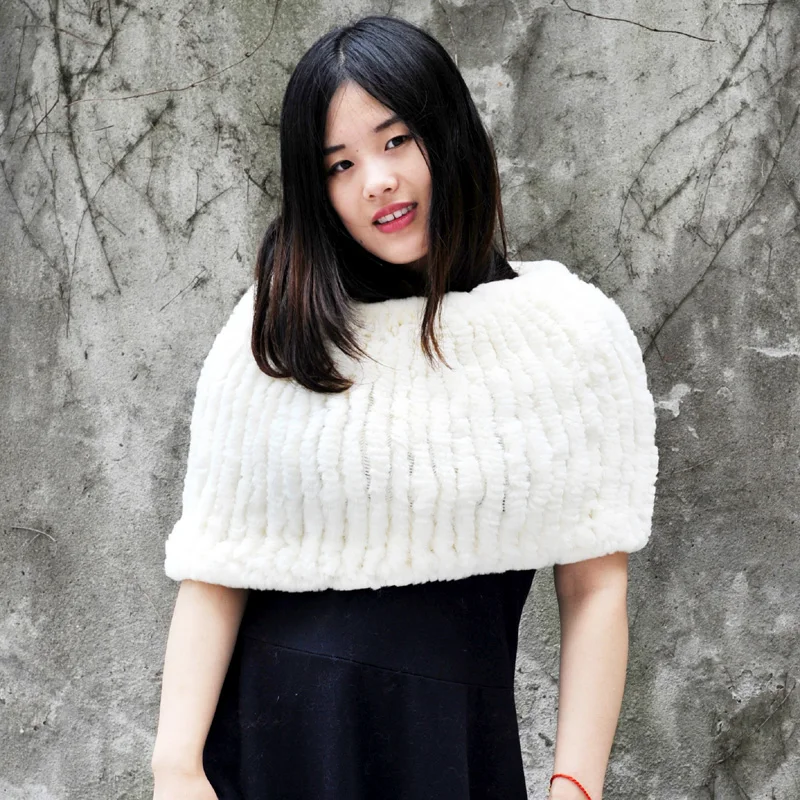 CX-B-44D Wholesale Price Rex Rabbit fur Knitted Scarf Girls Winter Fur Tank Shawl | Wraps