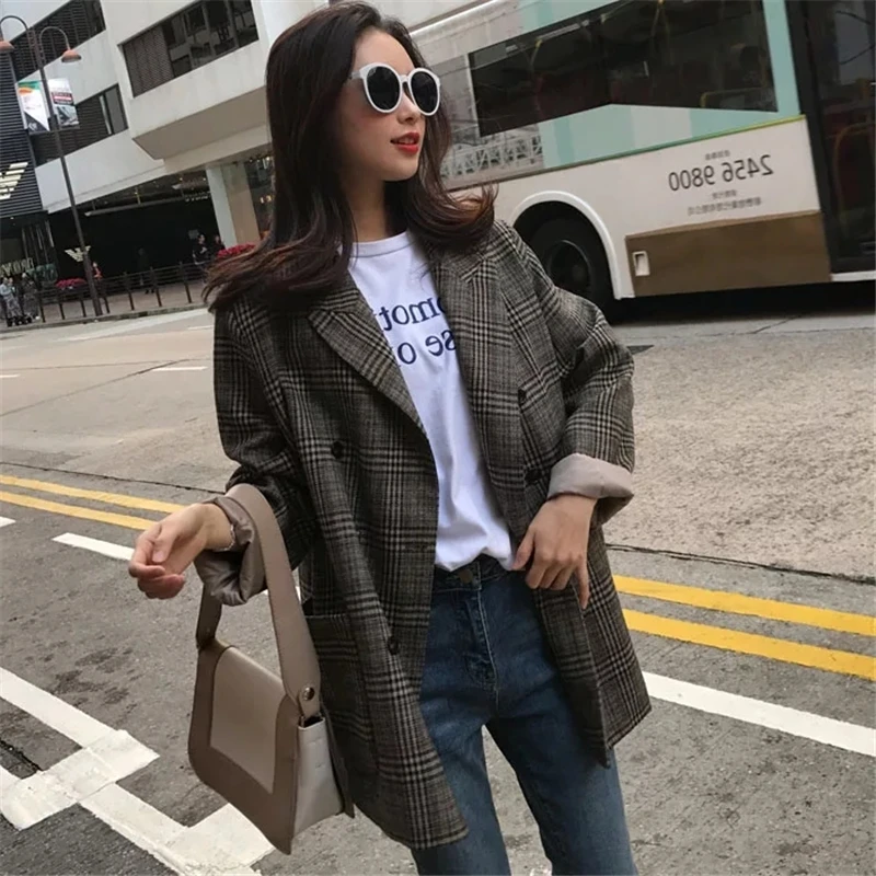 Весна Осень новинка размера плюс женские клетчатые блейзеры Пальто повседневные с длинным рукавом Свободные клетчатые пиджаки женская верхняя одежда A296