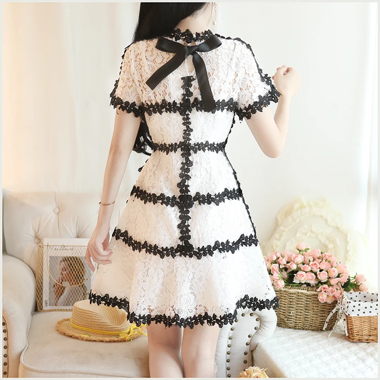 New Summer Fashion Hollow Out Crochet Lace Dress Women Short Sleeve Beading Back Lace-up Vintage Dress Party Vestidos