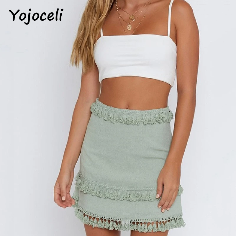 light ash green Yojoceli, сексуальная летняя юбка с кисточками, милые женские вечерние юбки для клуба, пляжа, облегающая женская мини-юбка - Цвет: light ash green