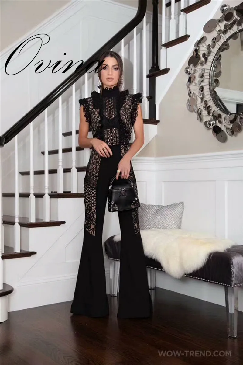 Черные высококачественные кружевные широкие брюки без рукавов бандажные
