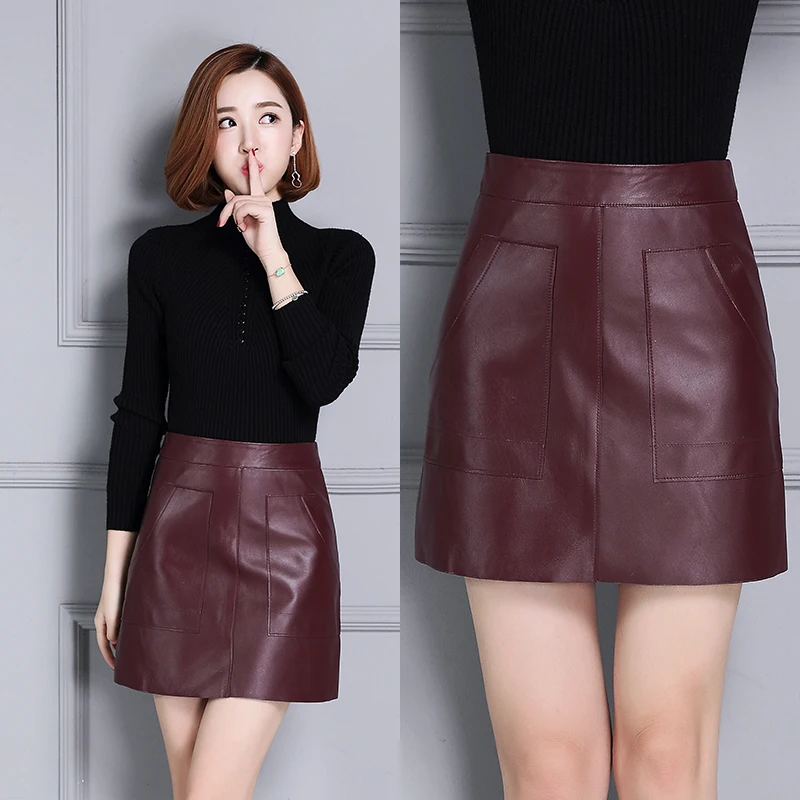 Tao Ting Li Na Women Sheepskin Slim High Waist Leather Skirt 17K111