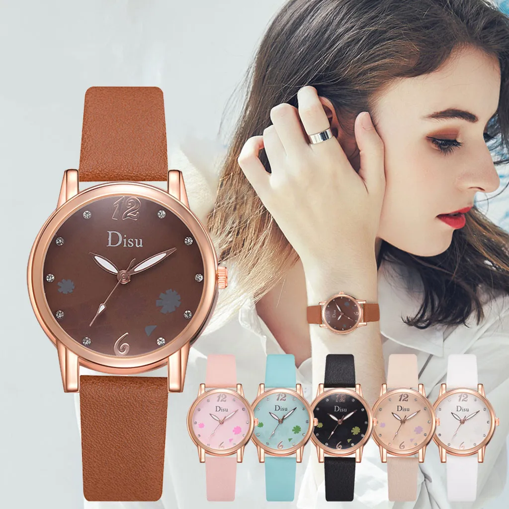 Женские часы с кожаным ремешком модные повседневные кристаллами кварцевые