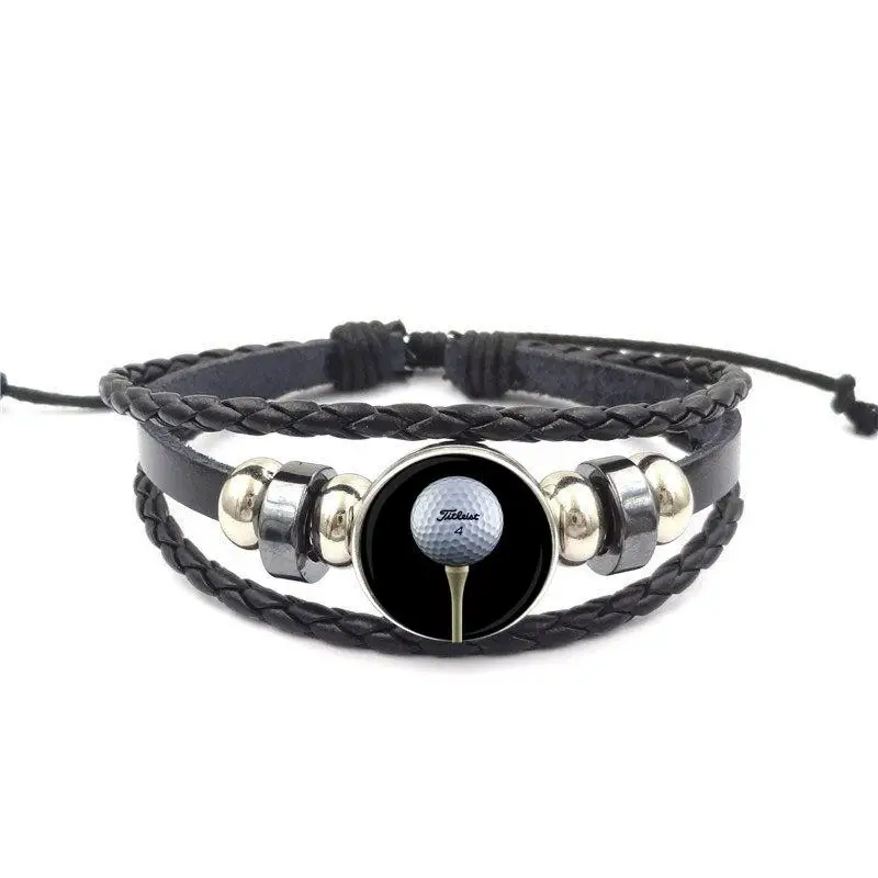 EJ Glaze Black Leather Bracelet Bangle Glass Cabochon Vintage Statement Fashion Jewelry For Men Women Gift Golf Player | Украшения и