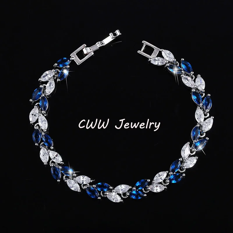blue Cwwzircons Новинка украшение серебряного цвета из фианитов в форме очаровательного листка браслеты для женщин из фианитов CB060 - Окраска металла: blue