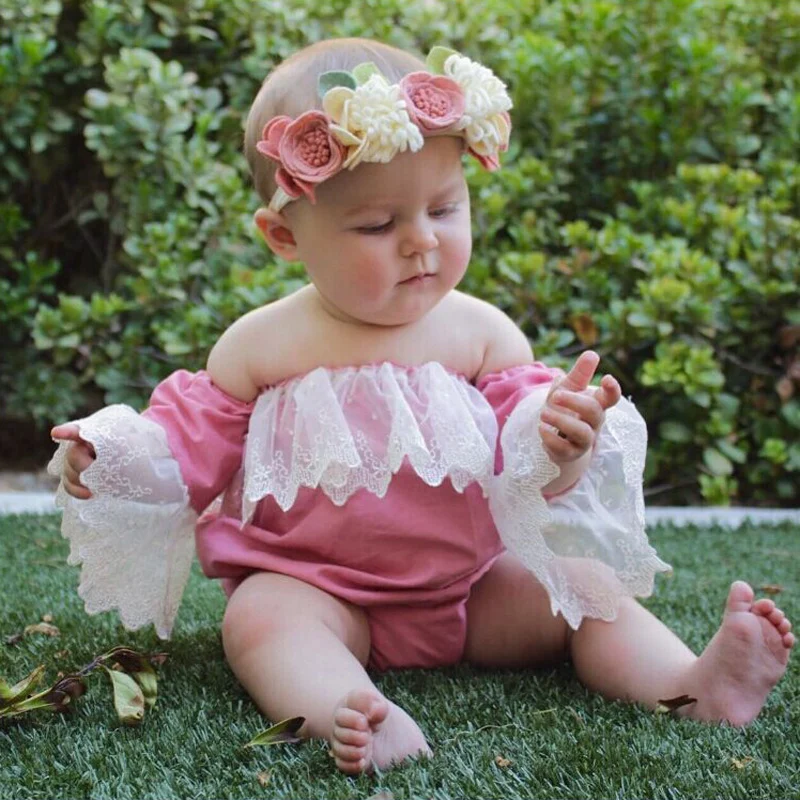 lovable Infant Newborn Baby Girls Pink Lace Off Shoulder Polka Dot Flared Sleeves Rompers Jumpsuit Outfits 0-24M | Мать и ребенок