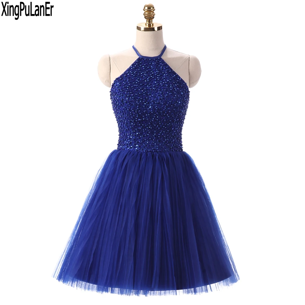 

vestido de festa A Line High Neck Keyhole Back Royal Blue Beaded Top Short Pageant Girls Prom Dresses Homecoming Gowns