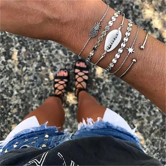 Boho Ретро Геометрические многоэлементные Гламурные модные ювелирные изделия для женщин ракушка Морская звезда чешуя браслет; Комплект бижутерии - Окраска металла: BA-0016-5