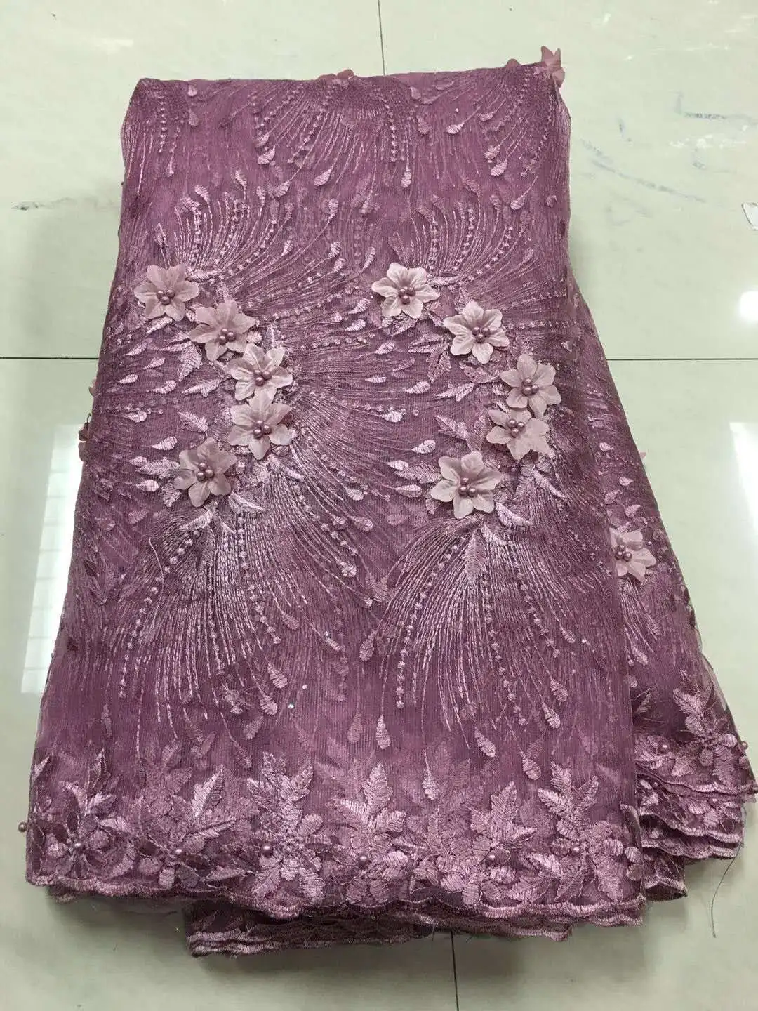 

Latest African Lace Fabric 2019 Pink 3D French Tulle Lace Fabric With Beads High Quality African Nigerian Women For 5yardsLHX19K