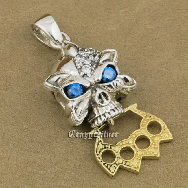 Dark Aquamarine 925 пробы серебро CZ Глаза Череп Костяшки Duster мужские Байкер Рокер панк кулон 9V026 просто кулон - Окраска металла: Dark Aquamarine