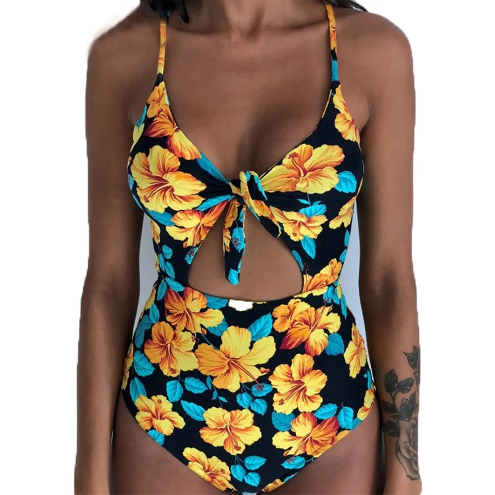 BYH2076 yellowfloral Полые боди, цельный сексуальный купальник, Цветочный купальник, с вырезами, бикини для женщин, пуш-ап, пляжная одежда, монокини с узлом на груди, купальный костюм - Цвет: BYH2076 yellowfloral