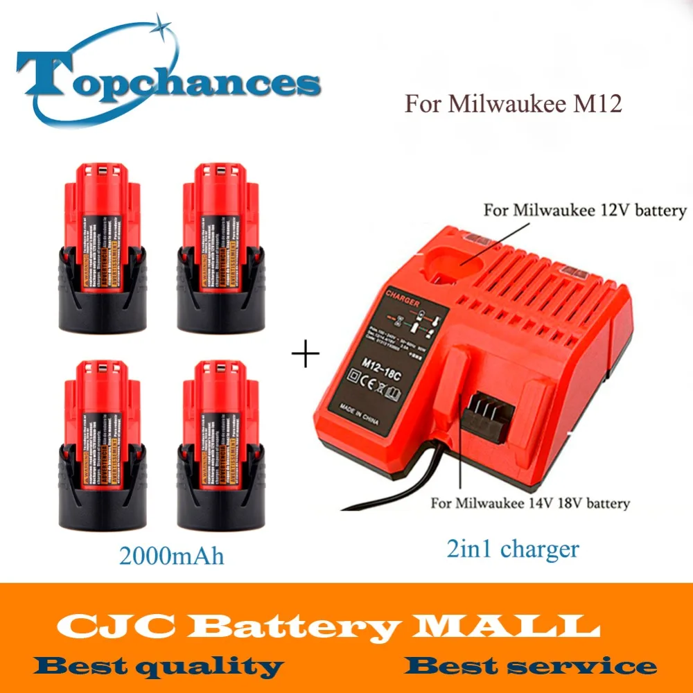 

4x 12V 2000mAh 2.0Ah Li-Ion Replacement Power Tool Battery for Milwaukee M12 C12 BX C12 B 48-11-2402 48-11-2401+2in1 Charger