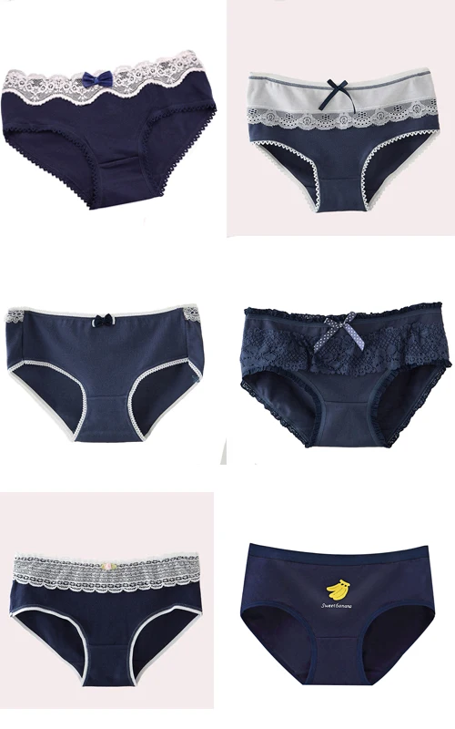 6pcs-NK017-2 6 шт./лот, трусы для женщин, хлопок, кружевной край, бикини, женские дышащие сексуальные трусики, бесшовные, для девушек, комфортное нижнее белье, темно-синий - Цвет: 6pcs-NK017-2