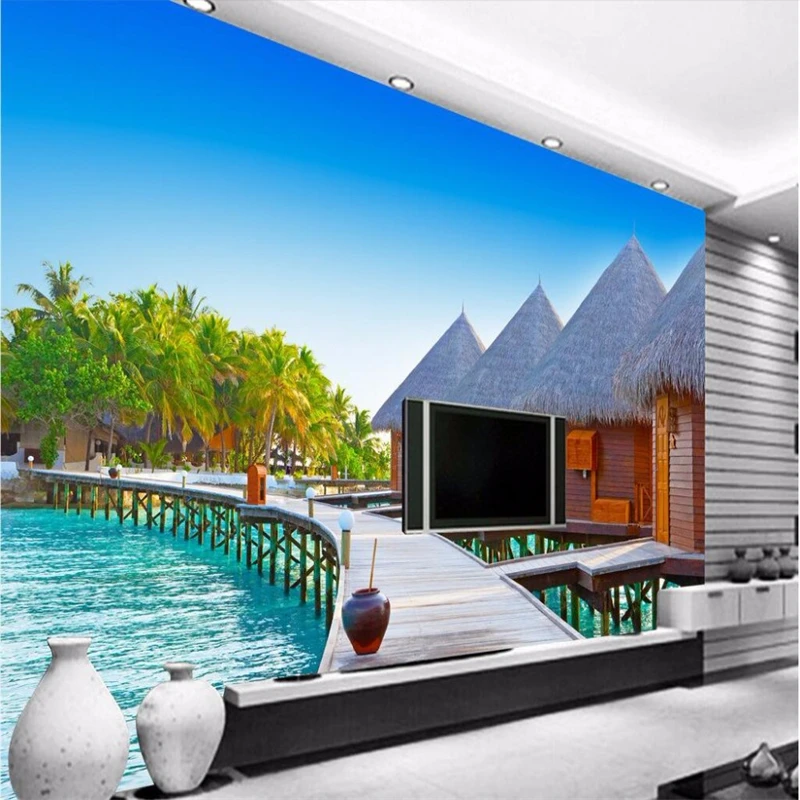 

3d настенная бумага для декора, Фотофон, фото, стерео деревянные пляжные хижины для гостиной, отеля, кофе, настенная живопись