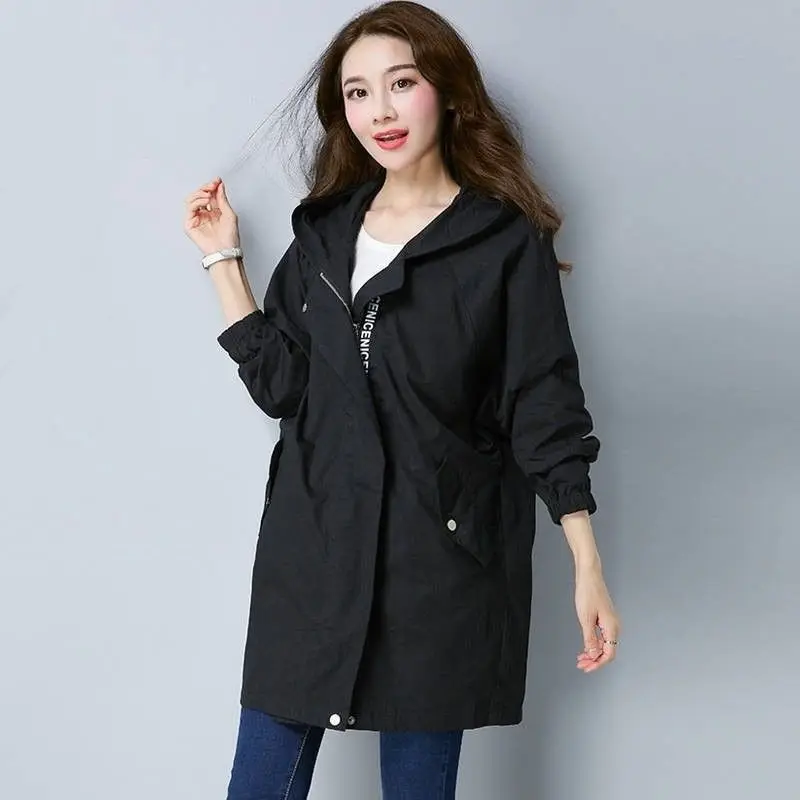 Black Vangull Women Trench Coat Female Long Sleeve Thin Hooded Wind Coat Autumn New Plus Size Loose Zipper Adjust Waist Outerwear - Цвет: Black