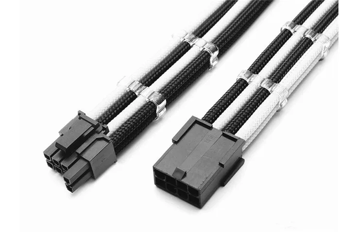 Удлинительный кабель PCI-E GPU черный и белый с одним рукавом 12 дюймов 8 Pin-6 + 2 Pin male-female