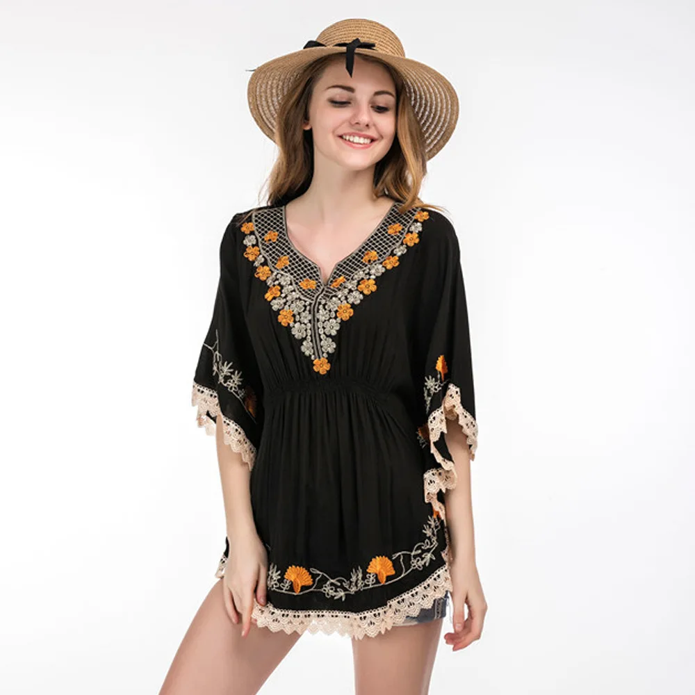 Плюс Размер Дамы Блузка Новые летние вышивка Batwing Топы свободные для отдыха