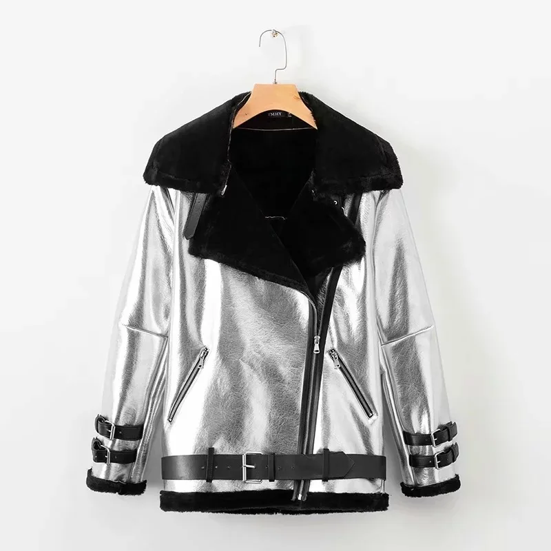 Серебряная кожаная байкерская куртка зимняя Толстая парка 2018 Новая повседневная