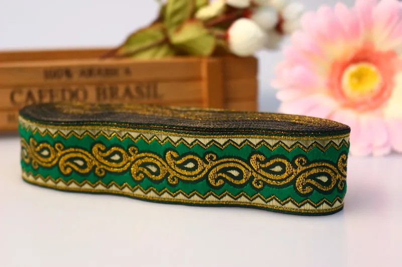 

10yards/lot wide 3.2cm Woven Jacquard Ribbon classical design green with gold for curtain and clothing accessory LS-1013
