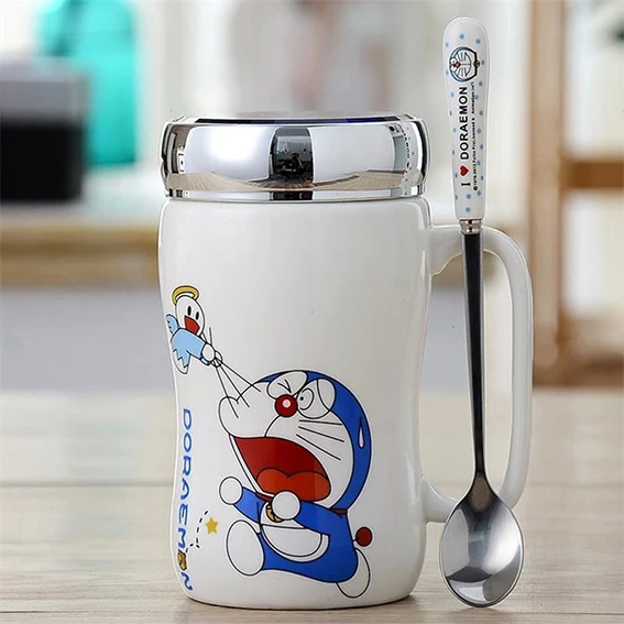450ml Doraemon Ceramic Coffee Mugs with Mirror Lid and Spoon Cute Totoro Tea Cup Milk Mug for Women Girls Student Teen - Цвет: Doraemon-A