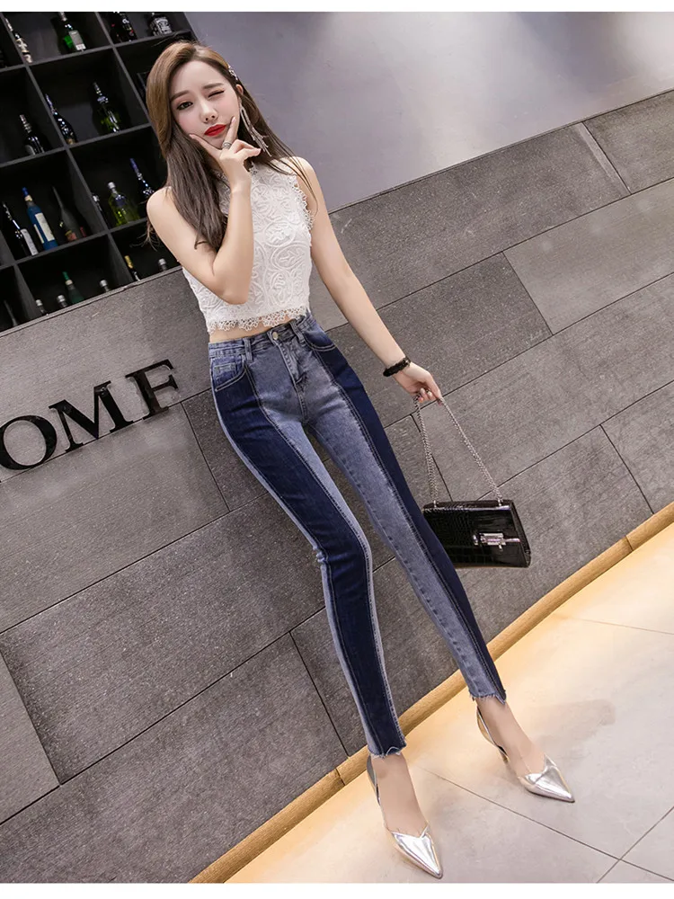 JUJULAND 2019 new summer fashion tide blue high waist patchwork hit color woman pencil pantsColor Blocking jeans 846 | Женская одежда