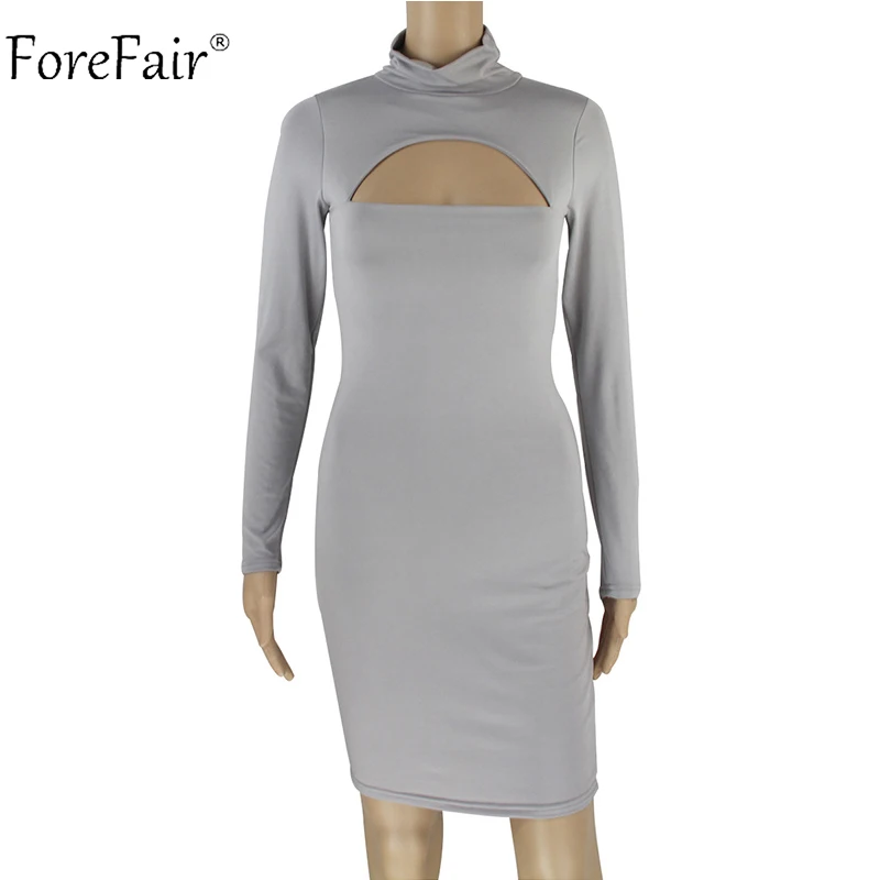 ForeFair, осень, длинный рукав, водолазка, вечерние платья, для женщин,, женское, Открытая грудь, мини, облегающее платье, черное, серое, зимнее, сексуальное платье - Цвет: gray