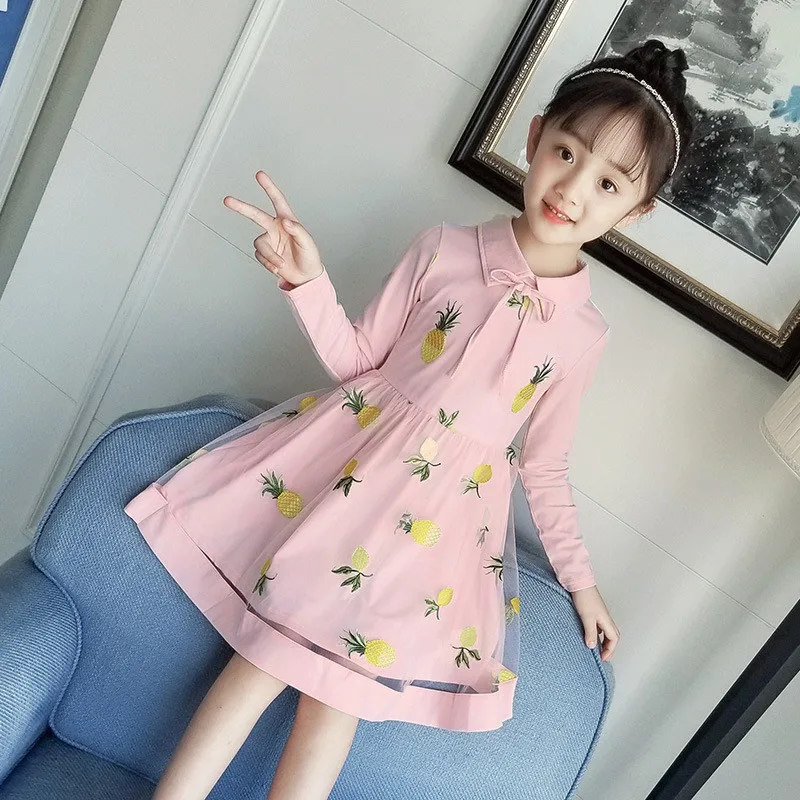 Autumn Pineapple Print Girl Dress Long-Sleeve Cartoon Design Girls Birthday Kids Clothes Princes Party | Детская одежда и обувь