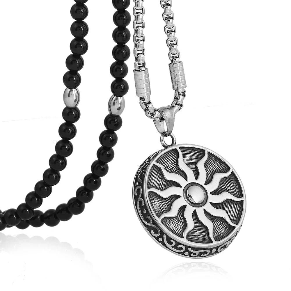 

Punk Stainless Steel Sun God Apollo Pendant Necklace Black Natural Stone Chain 26" Link for Men Jewelry