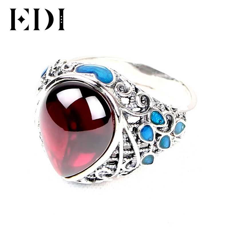 EDI Vintage 925 Sterling Silver Rings For Women Gemstone Dripping Garnet Cloisonne Female Folk Style Big |