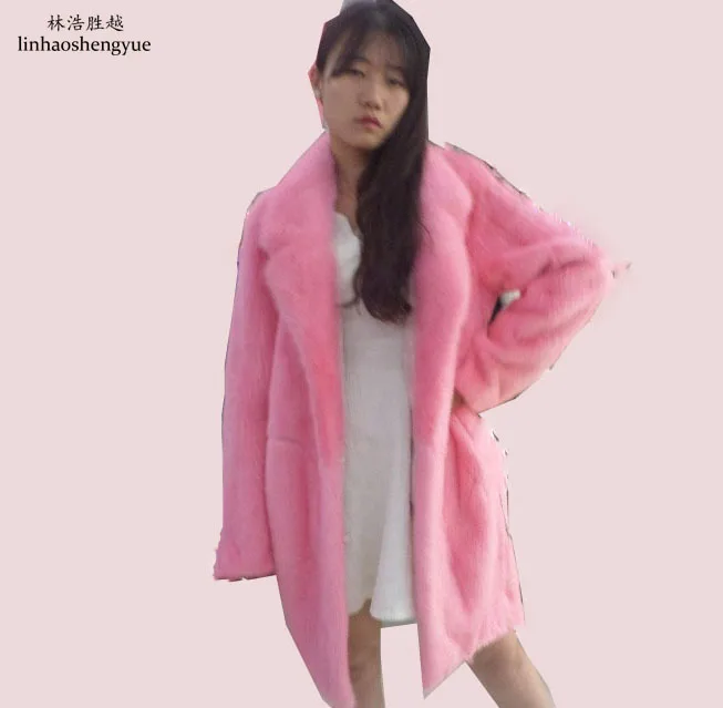 Linhaoshengyue Real Mink Fur Coat Long Paragraph Pink
