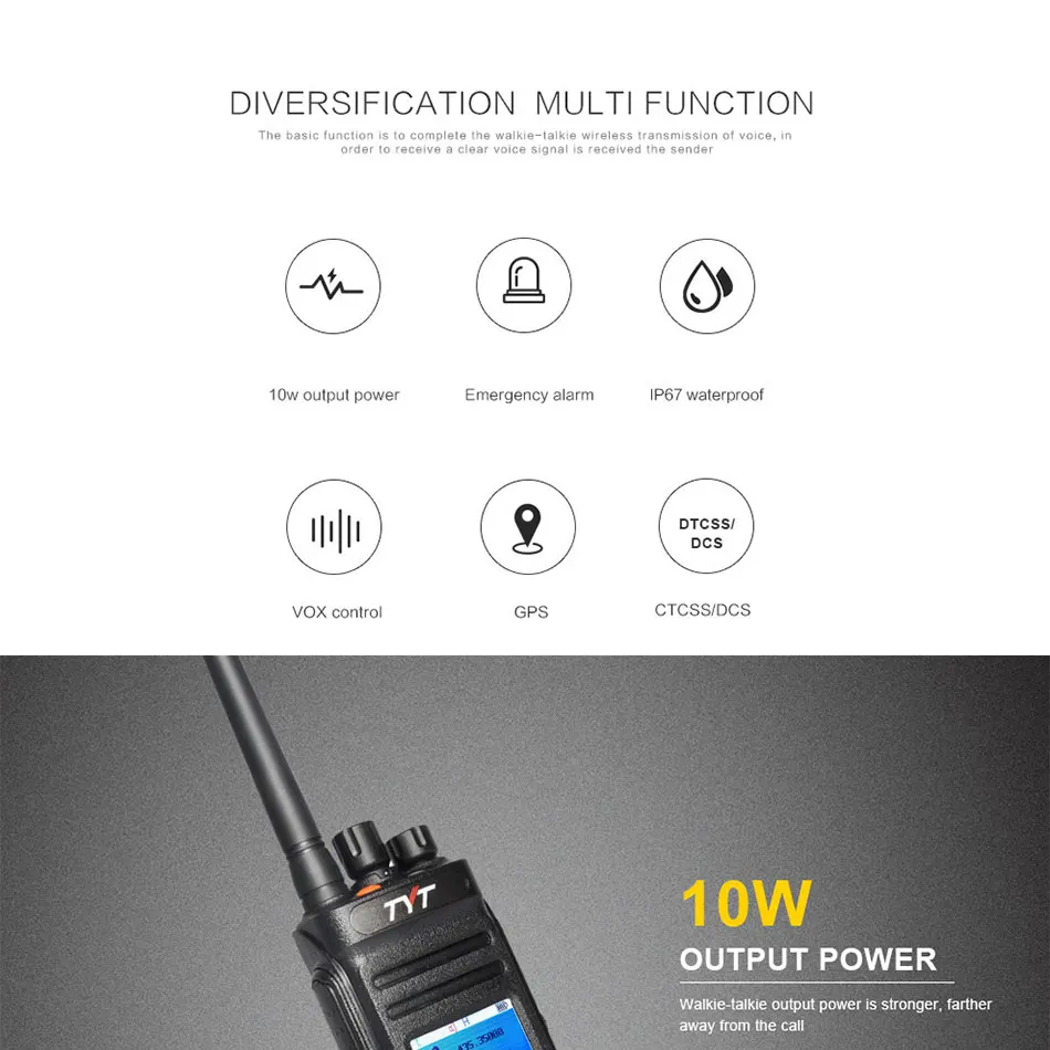 Применимый TYT MD398 DMR цифровая рация Водонепроницаемый IP67 двухстороннее радио Высокая мощность 10 Вт радиоприемопередатчик